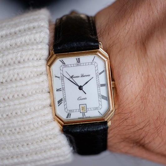 Vintage Maurice Lacroix Tank Watch 80s Gold White Dial and Date Window