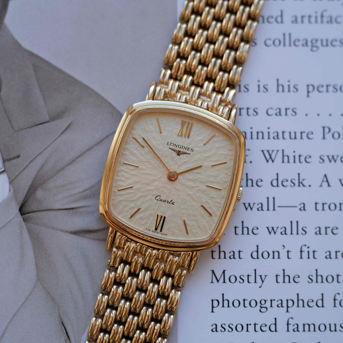 Vintage Longines Cushion Watch 80s Gold Sand Dune Dial Integrated Bracelet