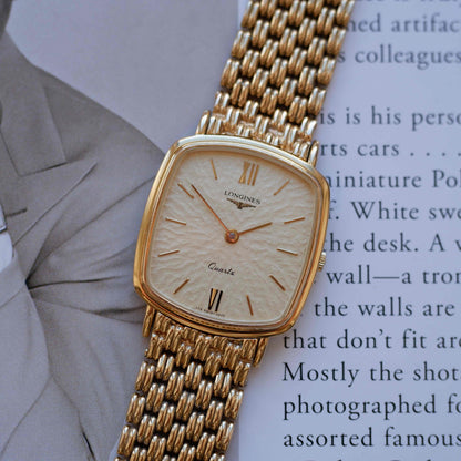 Vintage Longines Cushion Watch 80s Gold Sand Dune Dial Integrated Bracelet