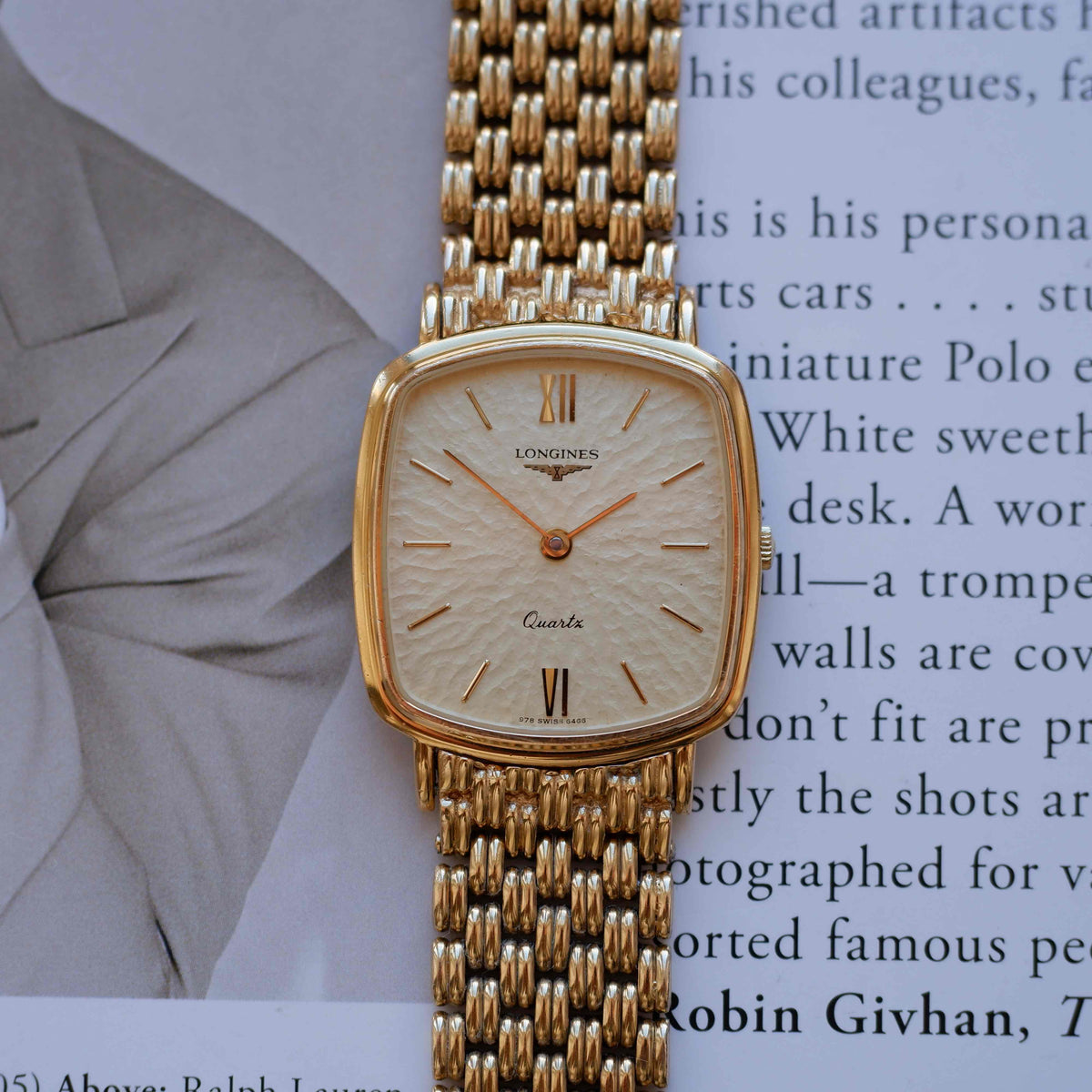 Vintage Longines Cushion Watch 80s Gold Sand Dune Dial Integrated Bracelet