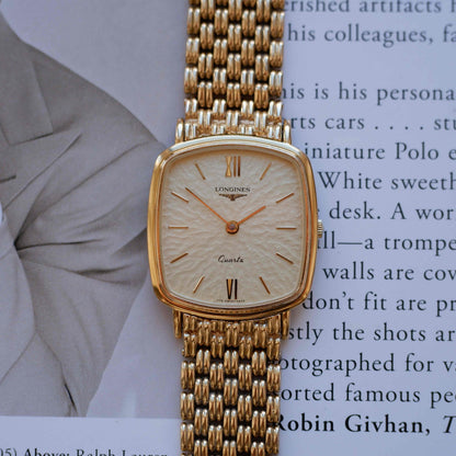 Vintage Longines Cushion Watch 80s Gold Sand Dune Dial Integrated Bracelet