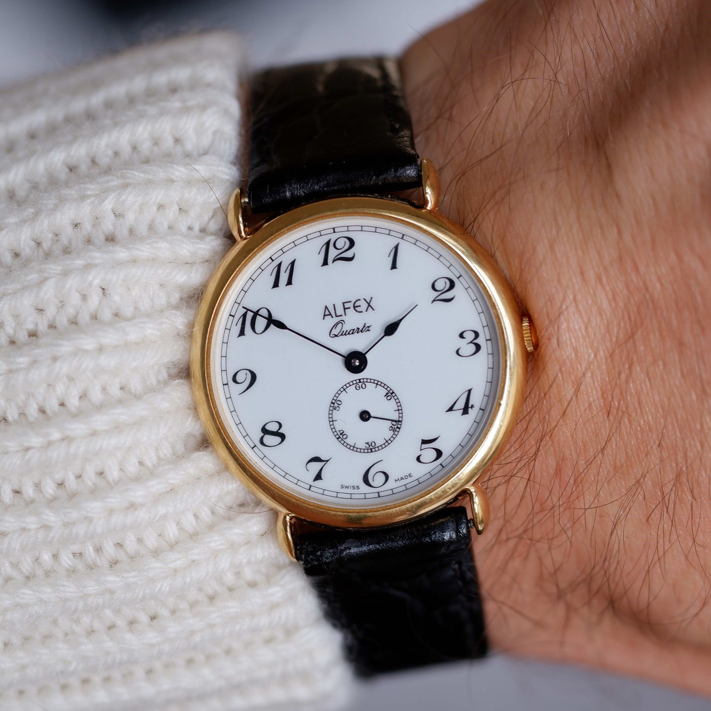 Vintage Alfex Dress Watch 90s Gold White Dial and Small Second