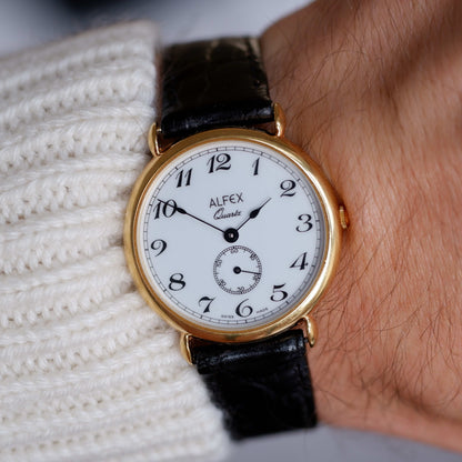 Vintage Alfex Dress Watch 90s Gold White Dial and Small Second