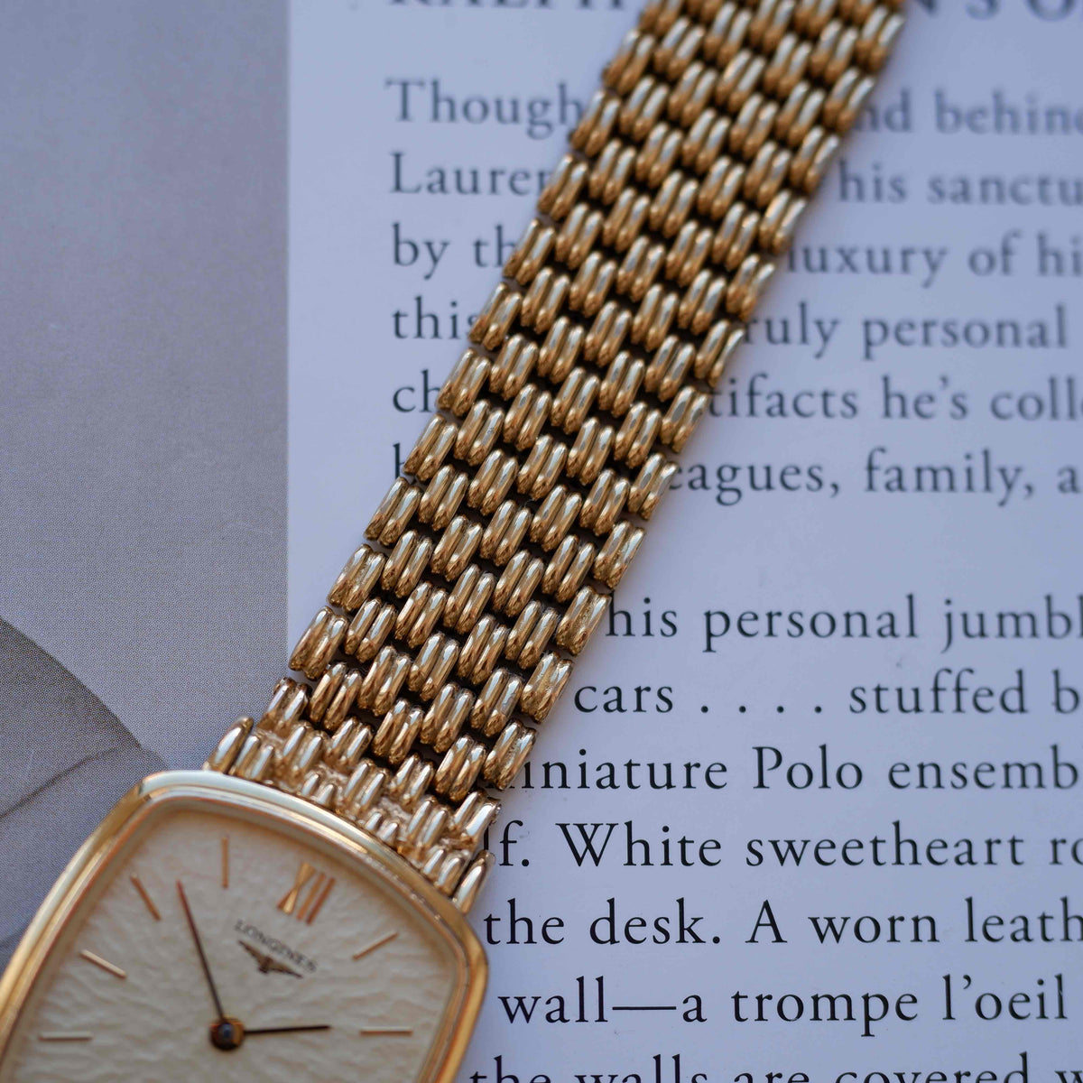Vintage Longines Cushion Watch 80s Gold Sand Dune Dial Integrated Bracelet