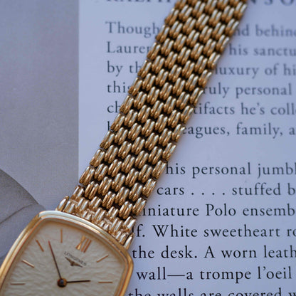 Vintage Longines Cushion Watch 80s Gold Sand Dune Dial Integrated Bracelet