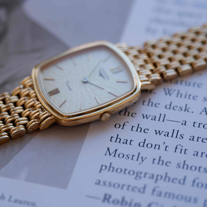 Vintage Longines Cushion Watch 80s Gold Sand Dune Dial Integrated Bracelet