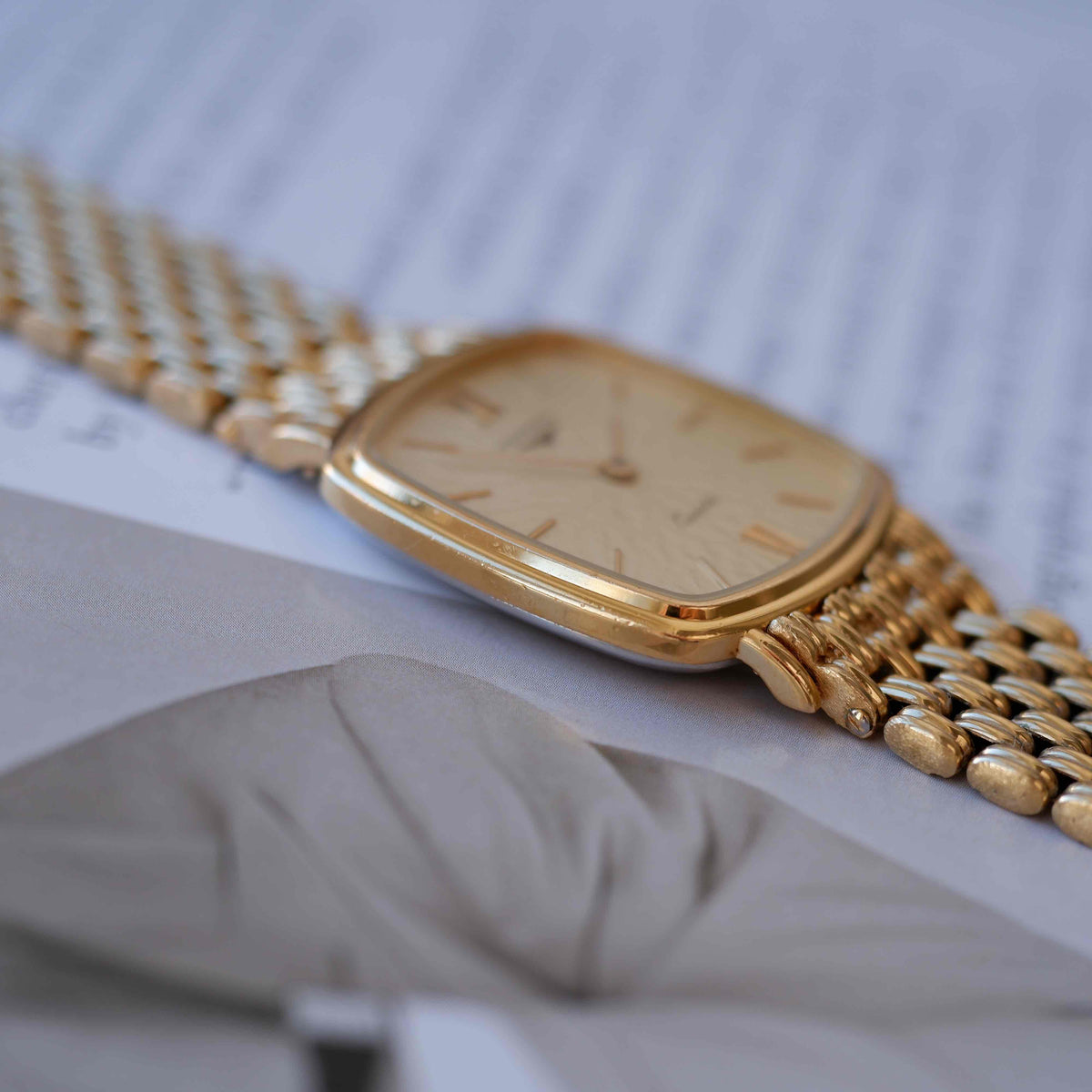 Vintage Longines Cushion Watch 80s Gold Sand Dune Dial Integrated Bracelet