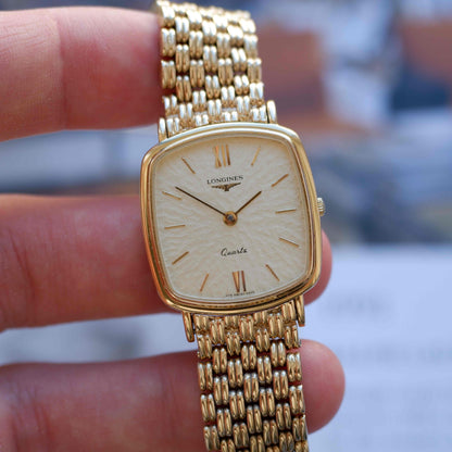 Vintage Longines Cushion Watch 80s Gold Sand Dune Dial Integrated Bracelet