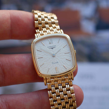 Vintage Longines Cushion Watch 80s Gold Sand Dune Dial Integrated Bracelet