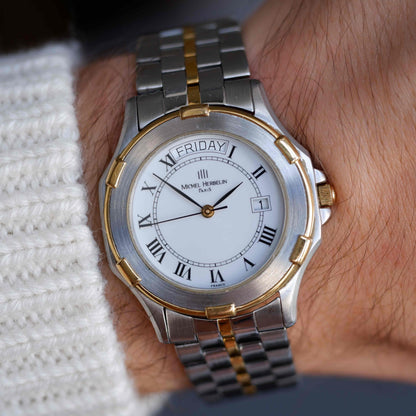 Vintage Michel Herbelin Day-Date Watch 90s Roman Dial Two Tone Quartz