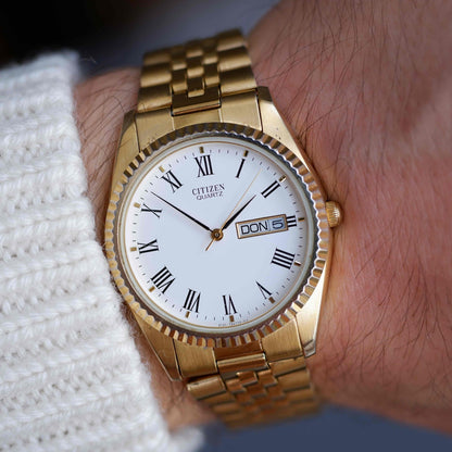 Vintage Citizen Day Date 80s Gold Roman Dial Jubilee Bracelet Quartz