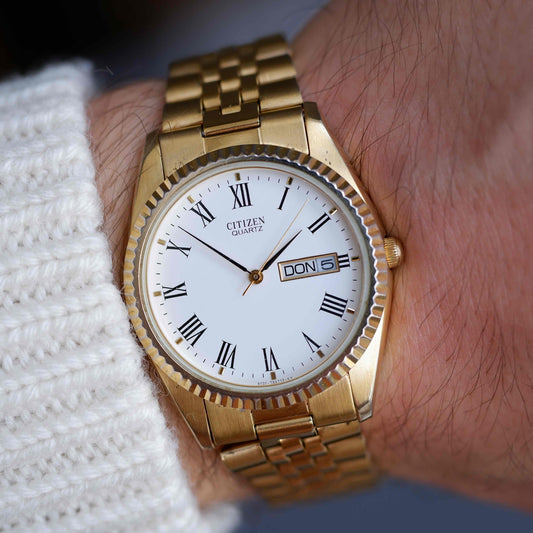 Vintage Citizen Day Date 80s Gold Roman Dial Jubilee Bracelet Quartz
