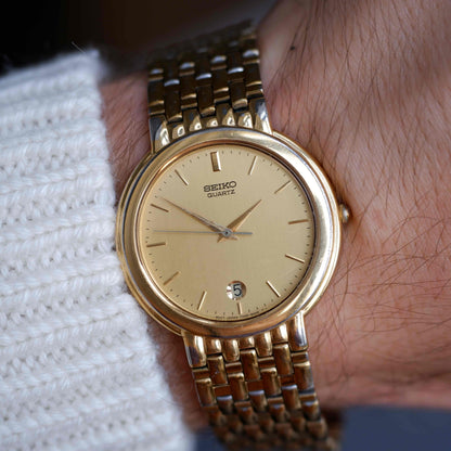 Vintage Seiko Gold-Tone Quartz Watch 80s Minimalist Champagne Dial