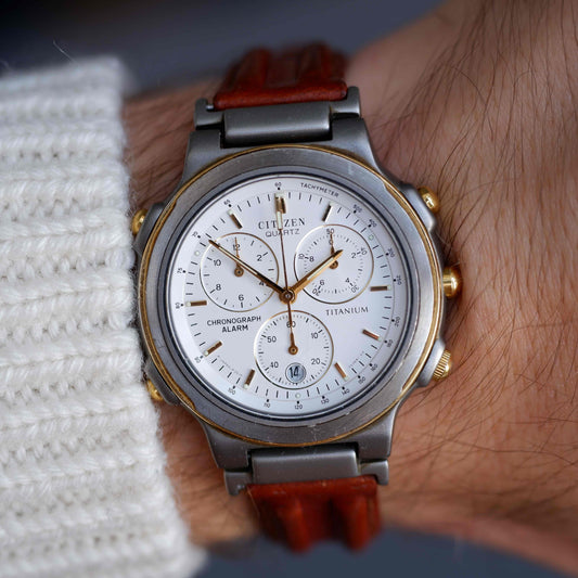 Vintage Citizen Chronograph Alarm Titan 80s Gold Two Tone Quartz