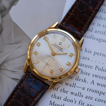 Vintage Candino Incabloc 70s Gold Mechanical Silver Sunburst Dial