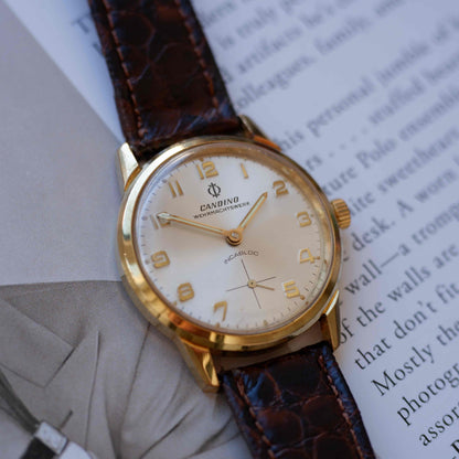 Vintage Candino Incabloc 70s Gold Mechanical Silver Sunburst Dial