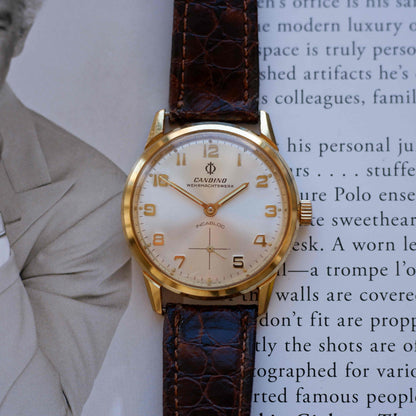 Vintage Candino Incabloc 70s Gold Mechanical Silver Sunburst Dial