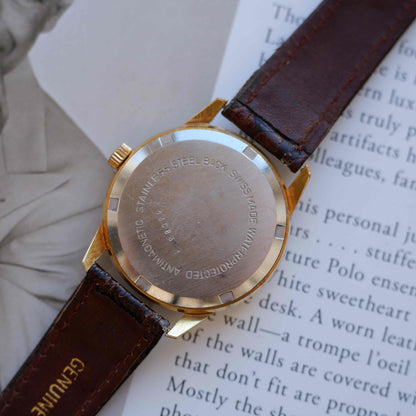 Vintage Candino Incabloc 70s Gold Mechanical Silver Sunburst Dial