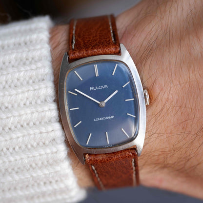 Vintage Bulova Tank Longchamp Watch 70s Blue Dial Swiss Manual Wind