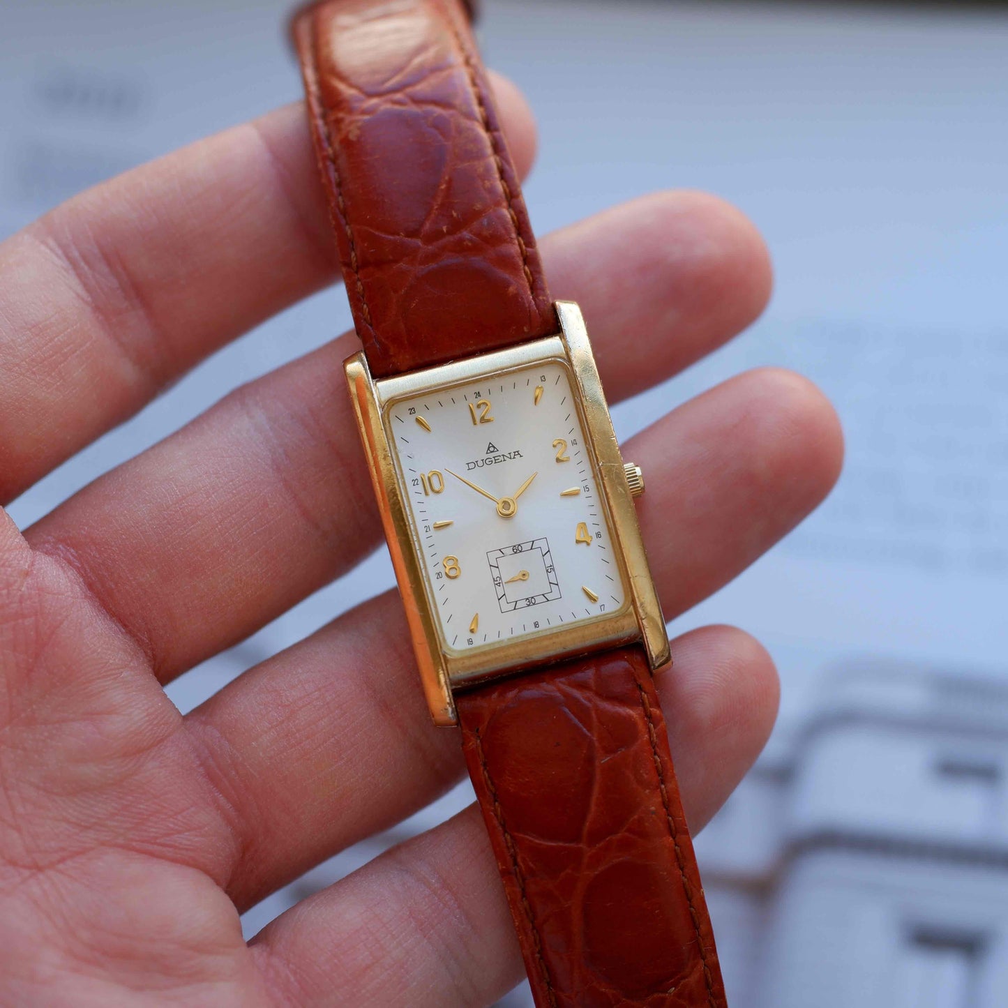 Vintage Dugena Tank Style 90s Arabic Silver Dial Small Seconds