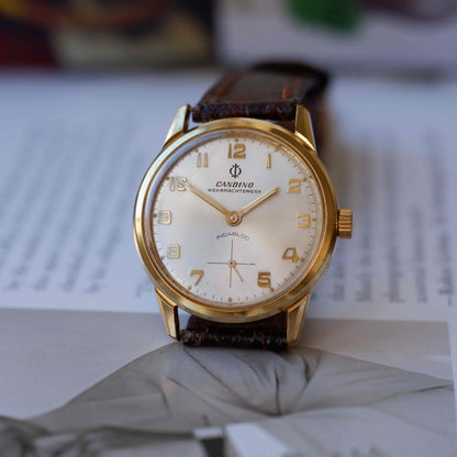 Vintage Candino Incabloc 70s Gold Mechanical Silver Sunburst Dial