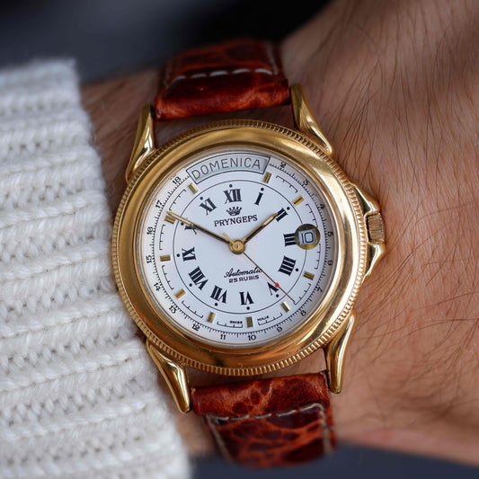 Vintage Pryngeps Automatic Italien Day-Date Watch 90s Gold Roman Dial 25 Jewels