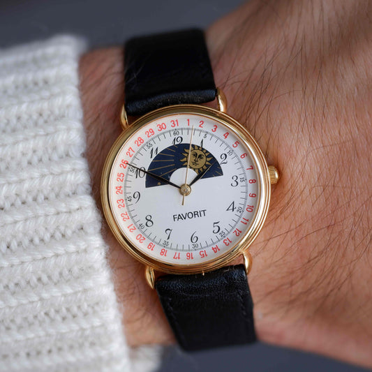 Vintage Favorit Sun & Moon Dress Watch 90s Gold Quartz Mint