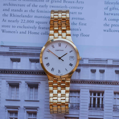 Vintage Certina Golden Watch 90s Roman White Dial Quartz MINT