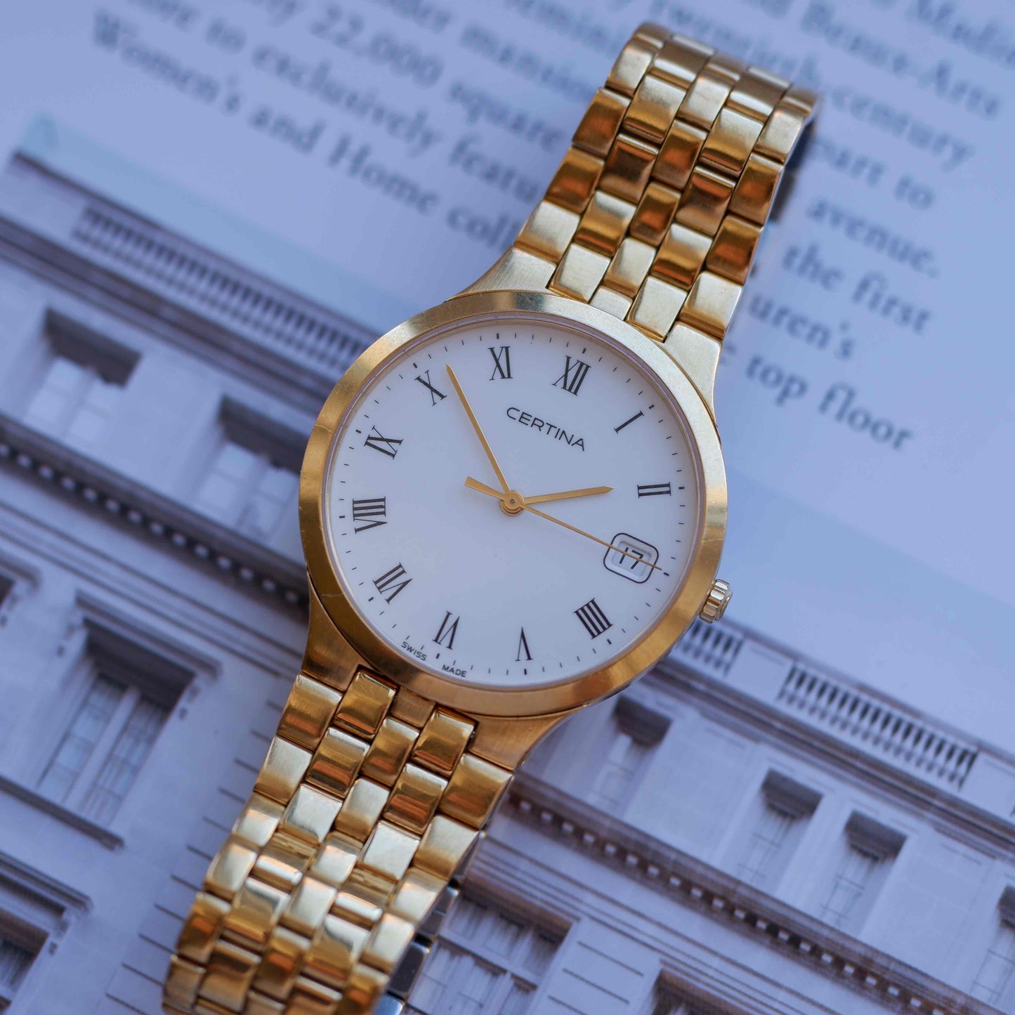 Vintage Certina Golden Watch 90s Roman White Dial Quartz MINT