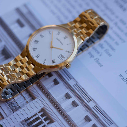 Vintage Certina Golden Watch 90s Roman White Dial Quartz MINT