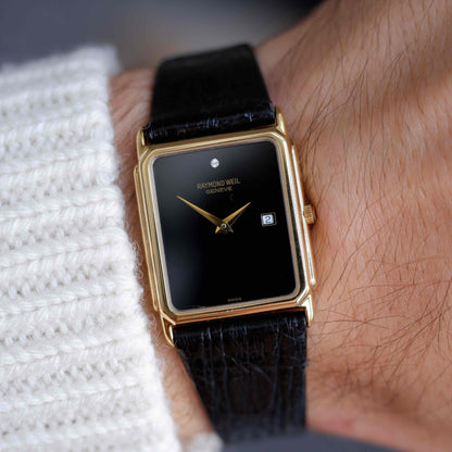 Vintage Raymond Weil Tank Dress Watch Golden Black Dial NOS