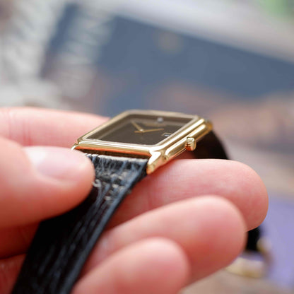 Vintage Raymond Weil Tank Dress Watch Golden Black Dial NOS