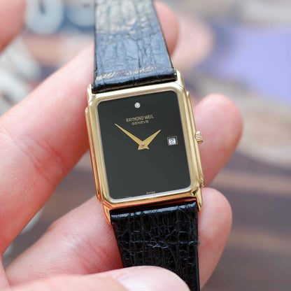 Vintage Raymond Weil Tank Dress Watch Golden Black Dial NOS