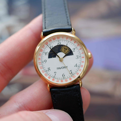 Vintage Favorit Sun & Moon Dress Watch 90s Gold Quartz Mint