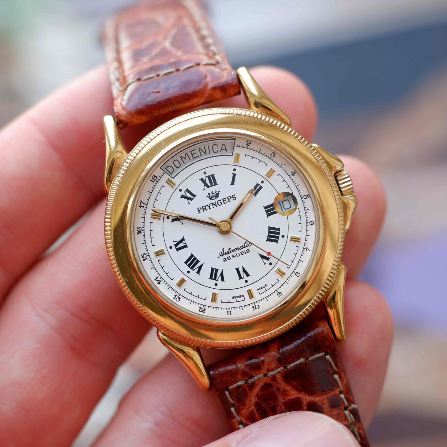 Vintage Pryngeps Automatic Italien Day-Date Watch 90s Gold Roman Dial 25 Jewels