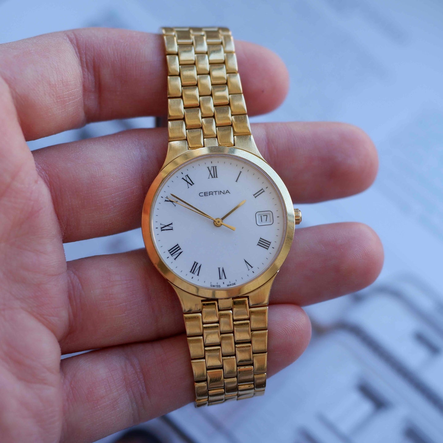 Vintage Certina Golden Watch 90s Roman White Dial Quartz MINT