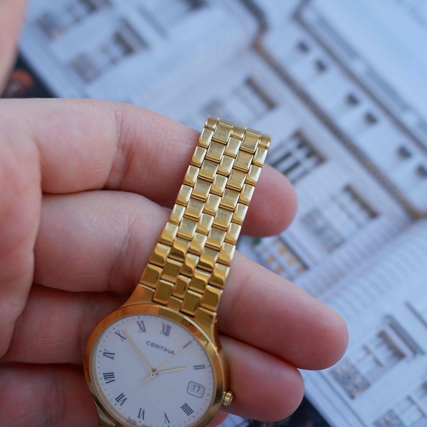 Vintage Certina Golden Watch 90s Roman White Dial Quartz MINT