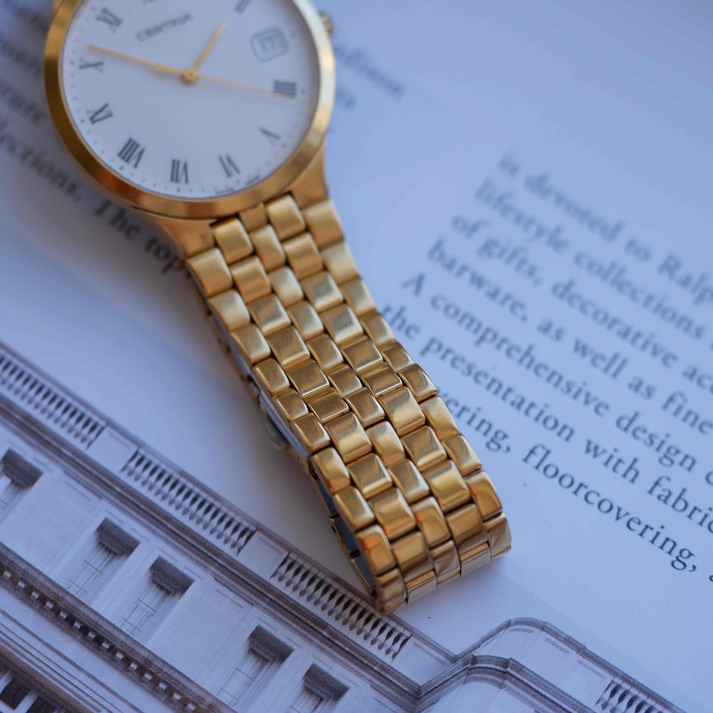 Vintage Certina Golden Watch 90s Roman White Dial Quartz MINT