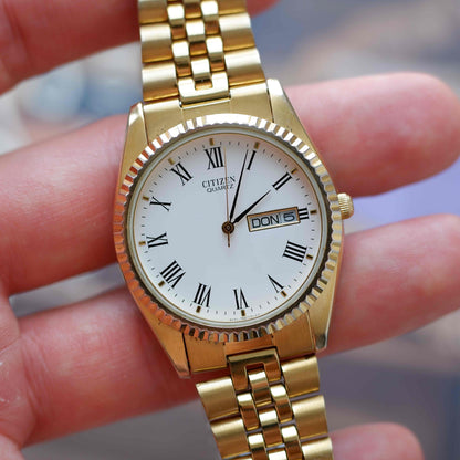 Vintage Citizen Day Date 80s Gold Roman Dial Jubilee Bracelet Quartz
