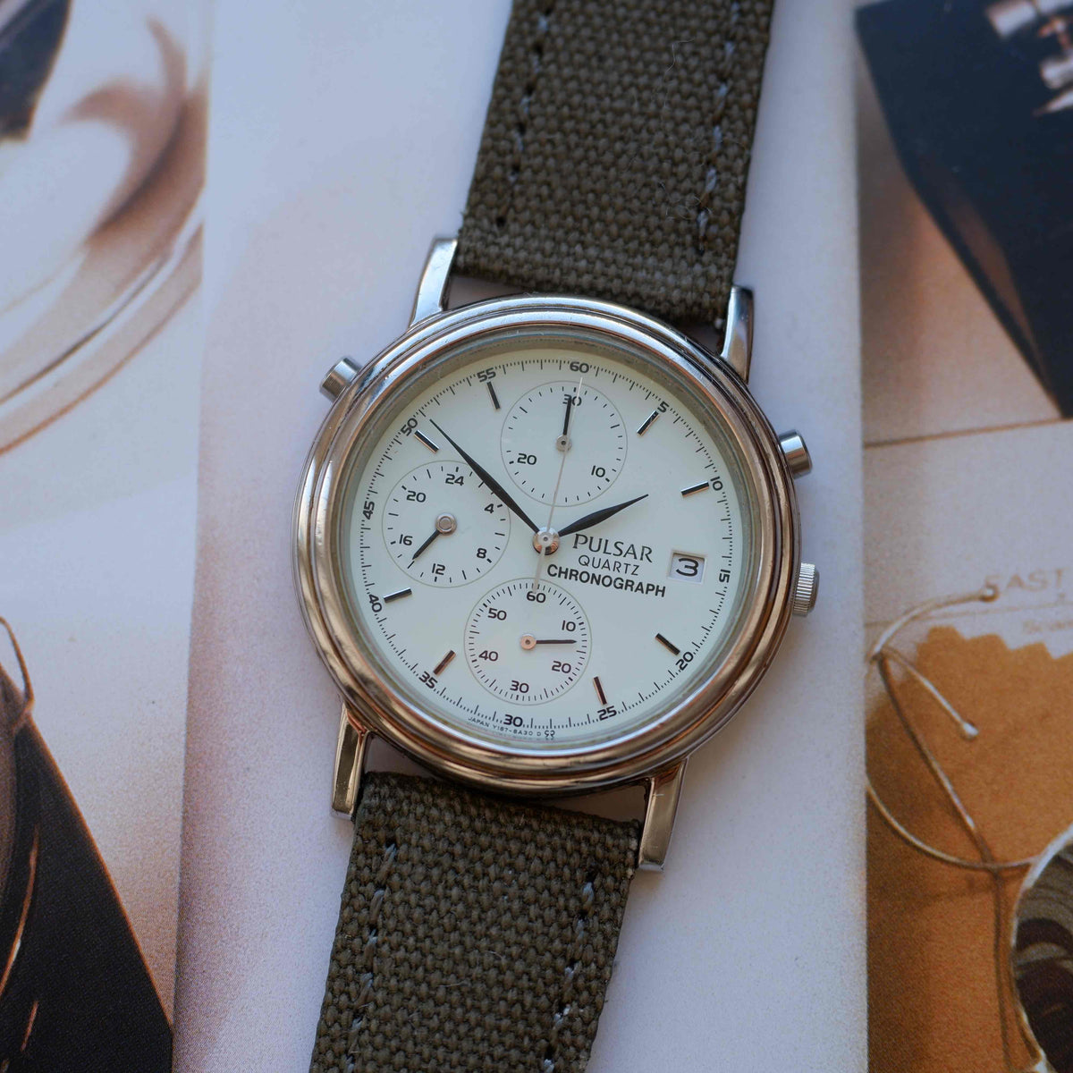 Vintage Pulsar Chronograph 90s Mint Green Dial Military Style Quartz