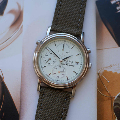 Vintage Pulsar Chronograph 90s Mint Green Dial Military Style Quartz