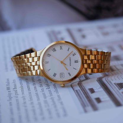 Vintage Certina Golden Watch 90s Roman White Dial Quartz MINT