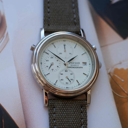 Vintage Pulsar Chronograph 90s Mint Green Dial Military Style Quartz