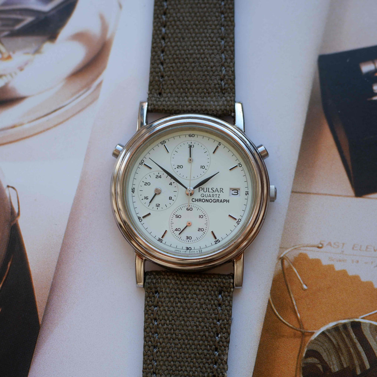 Vintage Pulsar Chronograph 90s Mint Green Dial Military Style Quartz
