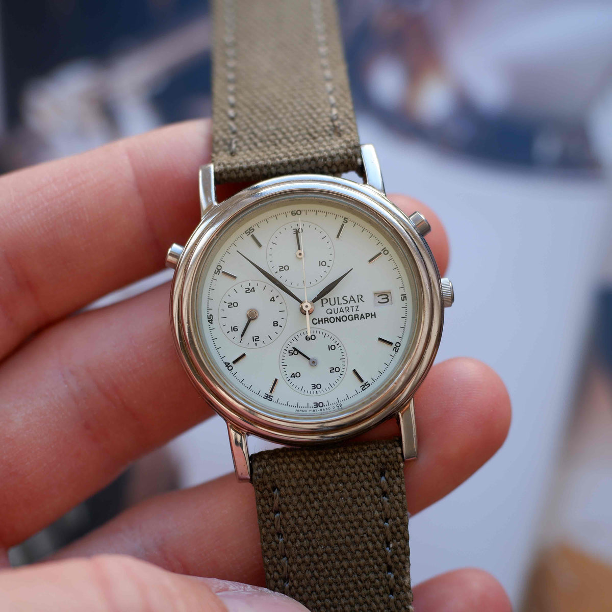 Vintage Pulsar Chronograph 90s Mint Green Dial Military Style Quartz