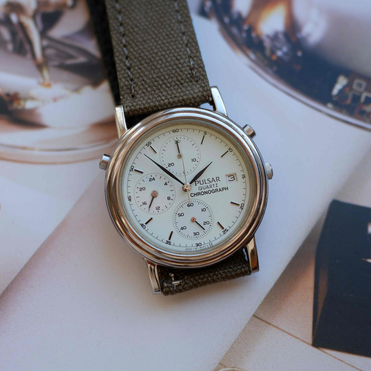 Vintage Pulsar Chronograph 90s Mint Green Dial Military Style Quartz