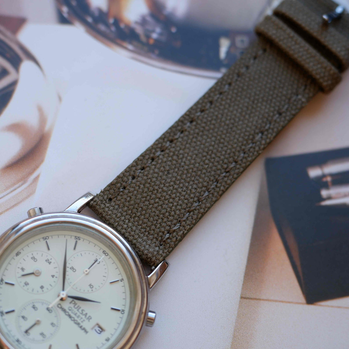 Vintage Pulsar Chronograph 90s Mint Green Dial Military Style Quartz