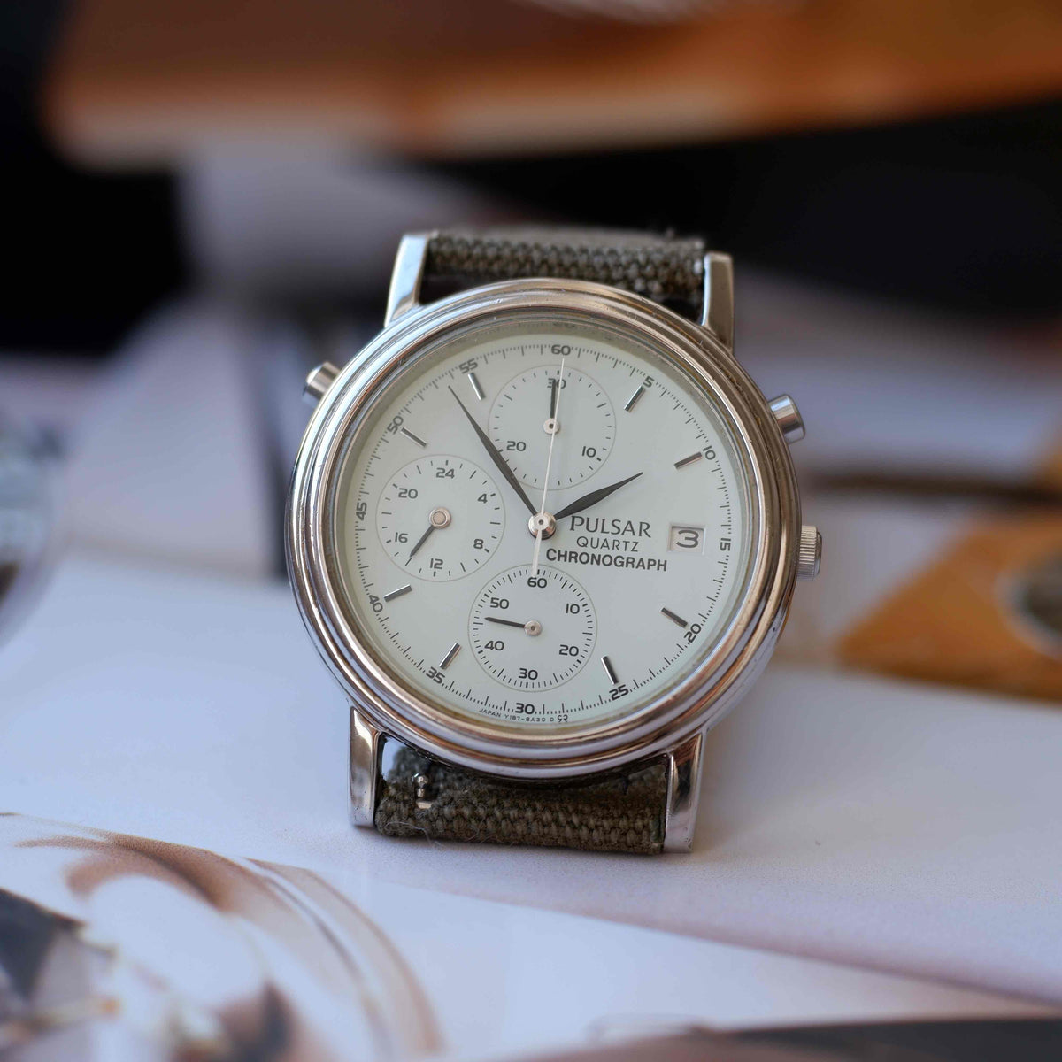 Vintage Pulsar Chronograph 90s Mint Green Dial Military Style Quartz