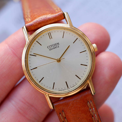 Vintage Citizen Dress Watch 80s Gold White Sunburst Dial Quartz