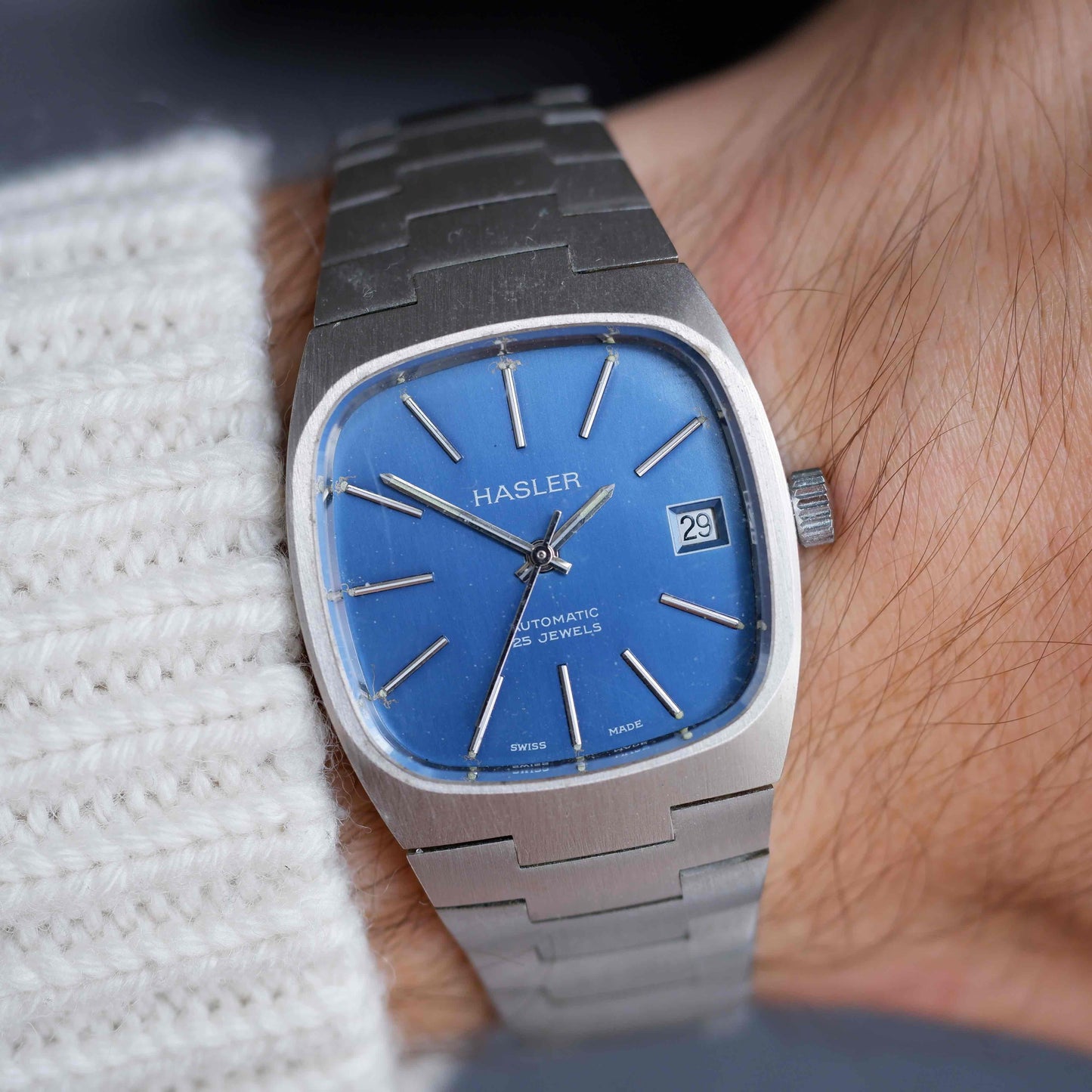 Vintage Hasler Blue Dial Watch 70s TV Case Automatic Swiss Made Mint